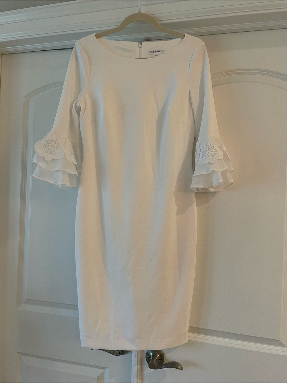 Calvin Klein White Tiered Ruffle Sleeve Sheath Dress